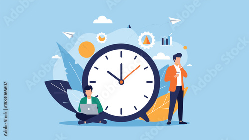 Two business people working around a large clock representing efficient time management and meeting deadlines in a corporate environment.