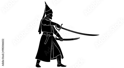 Warrior Silhouette with Two Swords, Historical Warrior, Medieval Fighter, Black and White