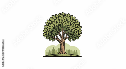 A stylized illustration of a large deciduous tree with a full green canopy