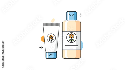 Pair of cosmetic containers including a tube and a bottle with flower labels representing natural skincare, beauty, and personal care products.