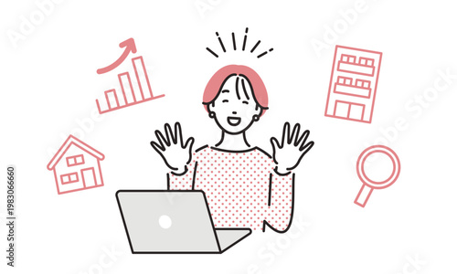 住まいをパソコンで検索して喜ぶ女性