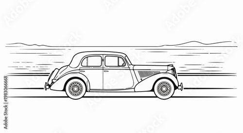 A vintage automobile in profile, moving quickly through a stylized landscape