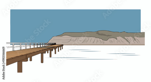 A wooden pier extends over calm water towards a distant, layered cliff under a blue sky