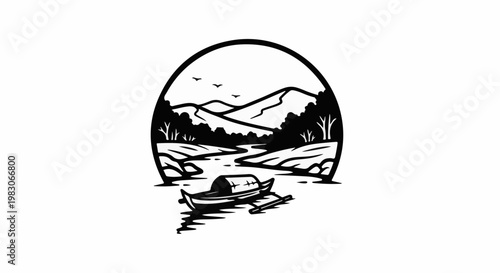A stylized black and white scene depicts a serene river flowing through mountains