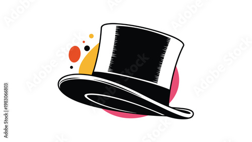 Classic black top hat with a white band set against colorful abstract bubbles representing fashion, magic, and formal elegance in a vintage style.