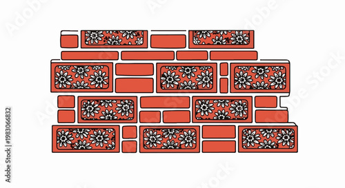 A stylized brick wall pattern with embedded floral inserts in the bricks