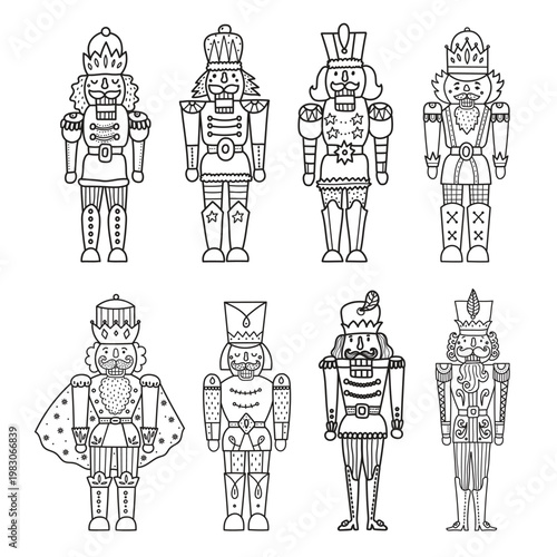 Nutcracker line set. Collection of minimalistic icons for site. Toy or mascot for children. Stickers for social networks and messengers. Flat vector illustrations isolated on white background