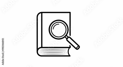 A stylized illustration of an open book with a magnifying glass