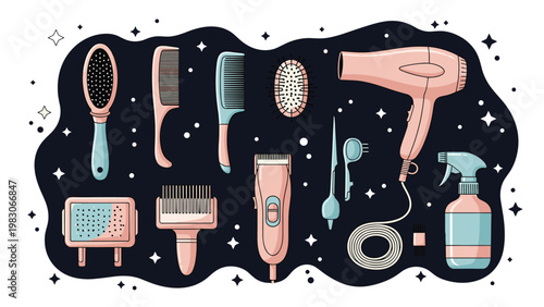 Comprehensive set of professional hairdressing and grooming tools including brushes, combs, clippers, and dryers on a dark starry background.