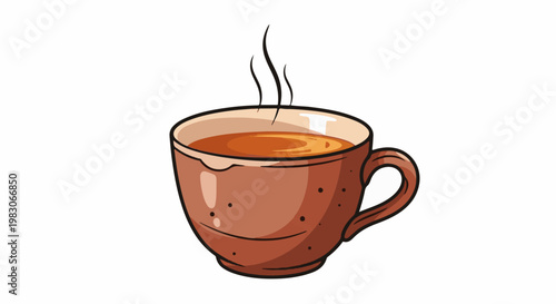A stylized brown mug filled with warm, amber liquid, emitting wisps of steam