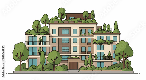 A stylized building with lush greenery and balconies