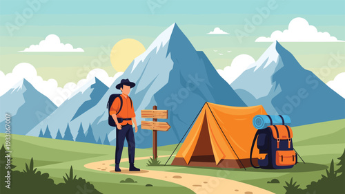 Male hiker standing on mountain trail next to orange tent and camping gear during sunset with high peaks in background.