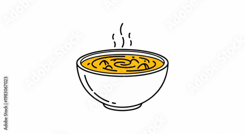 A stylized bowl of steaming yellow soup with visible chunks and swirls