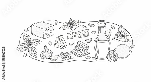 A still life drawing of ingredients including cheese, garlic, basil, lemon, and oil