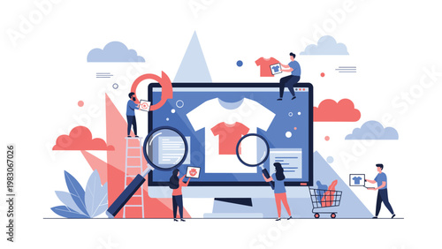 Tiny people customizing and shopping for t-shirts on large computer monitor representing digital fashion design and ecommerce platform.