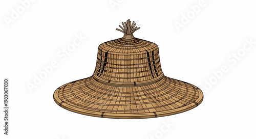 A woven conical hat with a wide brim, featuring a textured band