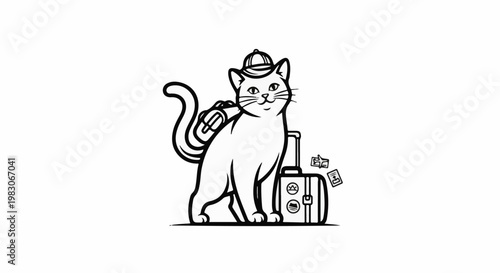 A stylized cat wearing a hat and carrying a bag on its shoulder with a suitcase