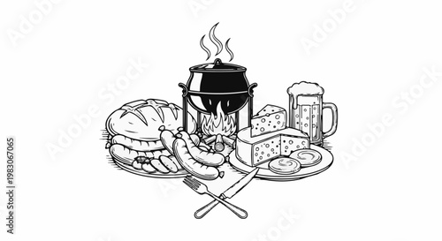 A still life illustration of a meal with a cauldron over a fire, beer, cheese, and sausages
