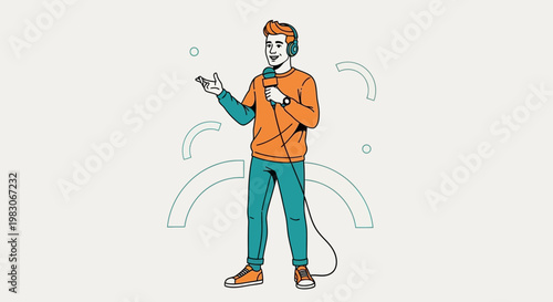 Podcaster with Microphone and Headphones, Live Broadcast, Radio Host, Interviewer, Speaker