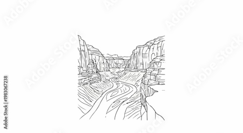 A stylized line drawing depicts a winding river carving through a vast, layered canyon