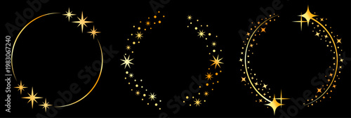 黒背景に輝くゴールドの三日月と星の装飾フレームセット、幻想的で高級感のあるナイトデザイン素材