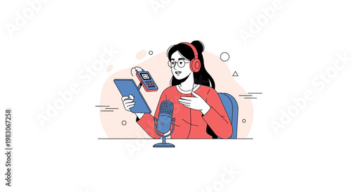 Podcaster Woman with Headphones Recording Audio with Microphone and Tablet