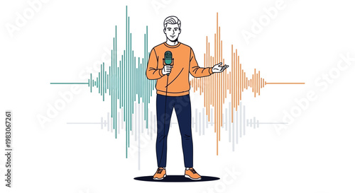 Man with Microphone and Sound Waves - Radio Host, Podcaster, Voiceover Artist