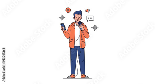 Man With Microphone and Smartphone, Podcasting, Live Streaming, Content Creator