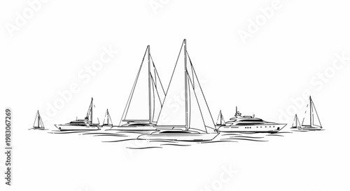 A sketched fleet of yachts and sailboats glides across the water