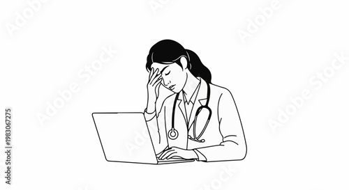 A stressed female doctor with a stethoscope works on a laptop