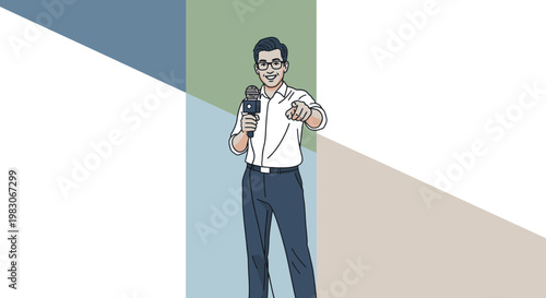 Man with Microphone Pointing Forward, Presenter, Speaker, Interviewer, Business Meeting
