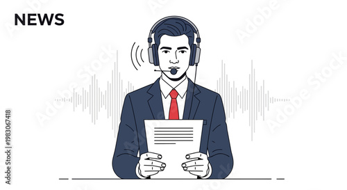 News Anchor with Headphones Reporting News with Sound Waves Background