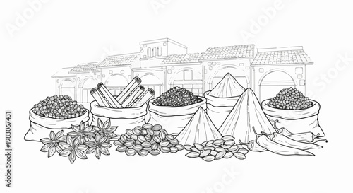 A sketch of various spices displayed outside old buildings