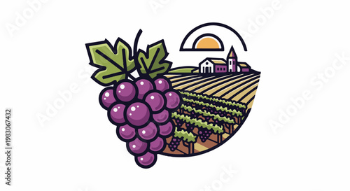 A stylized cluster of purple grapes adorns a sunlit vineyard scene