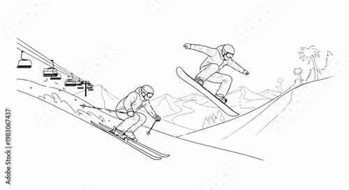 A sketch of skiers and snowboarders on snowy slopes with a ski lift