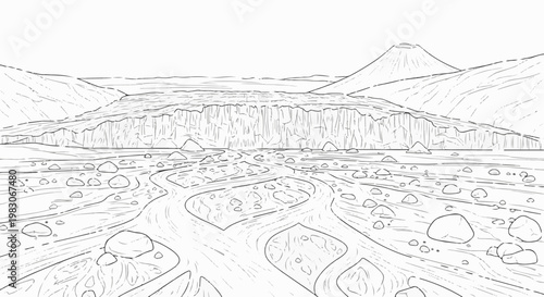 A striking line drawing depicts a vast glacial landscape with a conical volcano