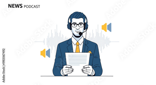 News Podcast Host with Headphones and Script, Sound Waves and Speakers