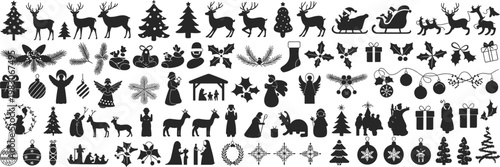 Christmas holiday silhouettes, festive icons collection, trees reindeer Santa sleigh snowflakes ornaments angels wreaths gifts, black vector seasonal decoration design set