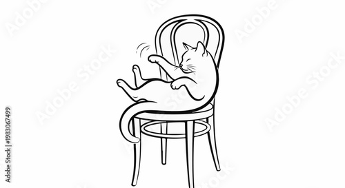 A stylized black and white drawing of a playful cat lounging on a chair