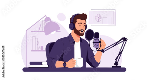 Podcaster with headphones and microphone recording audio in studio, holding coffee cup