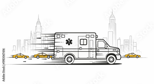A stylized ambulance rushes through a city skyline with yellow taxis