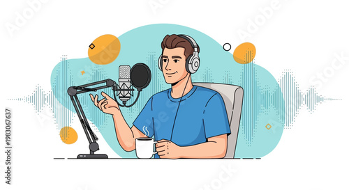 Podcaster with headphones and microphone, recording audio with sound waves background