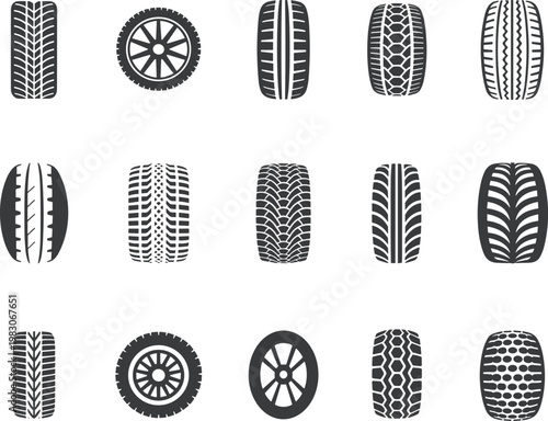 Tire tread icons collection, car truck off-road wheels, black white vector illustration, wheel rim spoke designs, automotive pattern comparison set