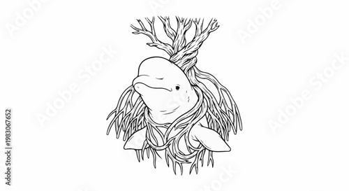 A stylized beluga whale emerges from intertwining roots and branches, creating an organic fusion