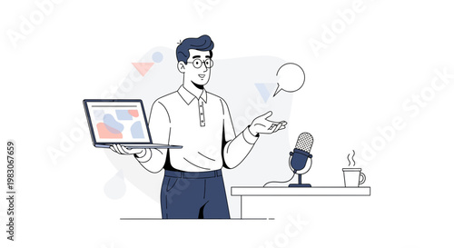 Podcaster with Laptop and Microphone, Online Communication, Digital Content Creation