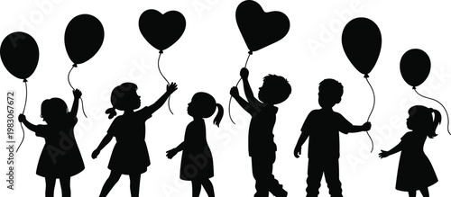 Children silhouettes holding balloons in playful joyful scene, heart shaped and round balloons, childhood innocence carefree vector illustration design