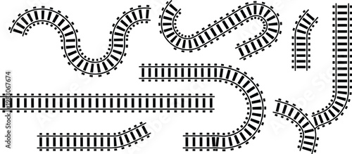 Railroad track silhouettes, straight curved branching layouts, train track design collection, black white vector illustration, railway planning, model train setup diagram