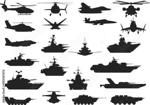 Military vehicles silhouettes, helicopters fighter jets warships tanks armored carriers, black vector illustration, air sea land defense equipment collection design