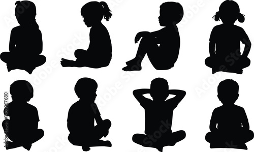 Collection of diverse children silhouettes sitting in various poses, cross‑legged, relaxed, playful, educational, isolated vector illustration set