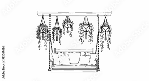 A sketch of a wooden swing seat with pillows, suspended by chains from a beam with hanging plants